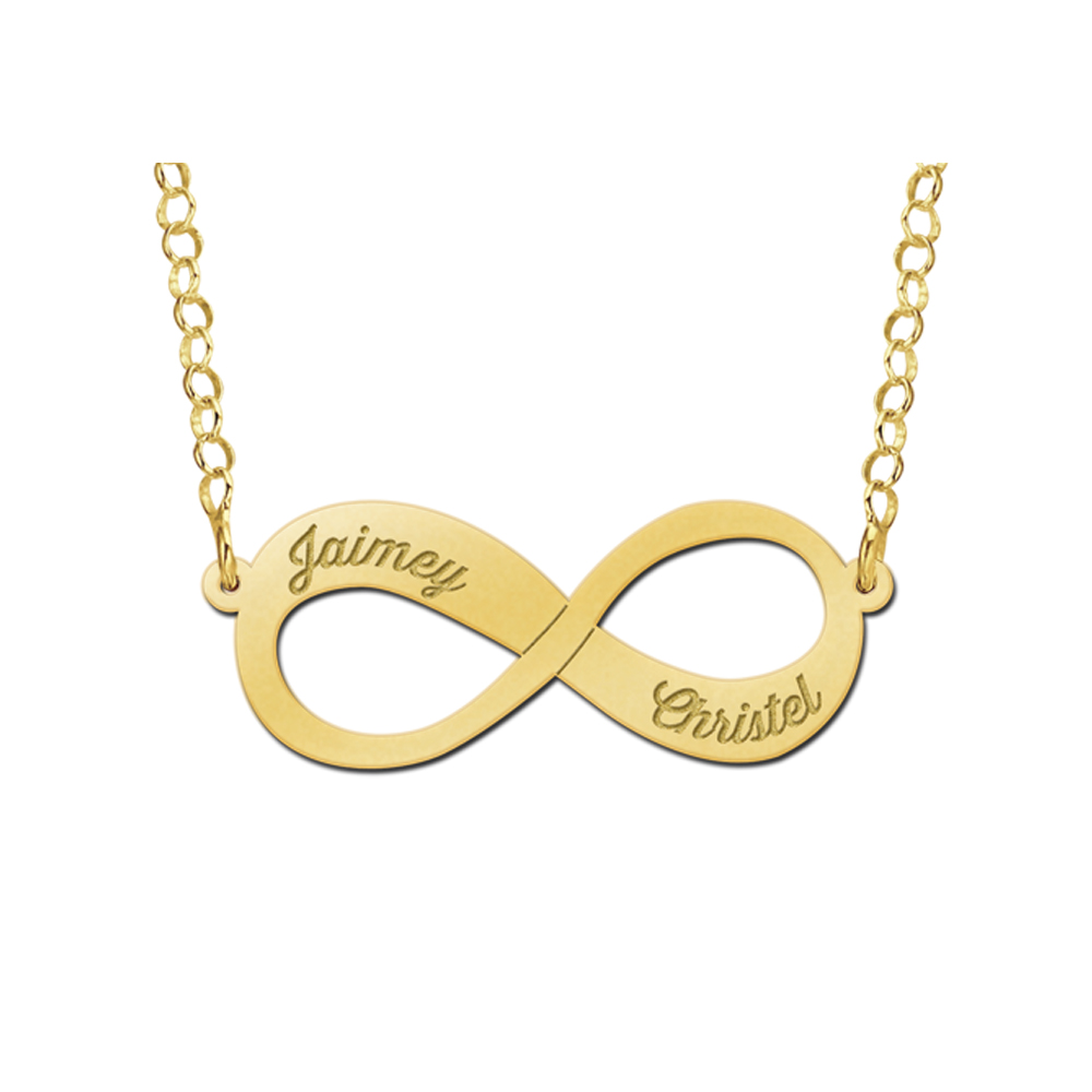 Gouden infinity ketting met twee namen gegraveerd Gouden infinity ketting met twee namen gegraveerd