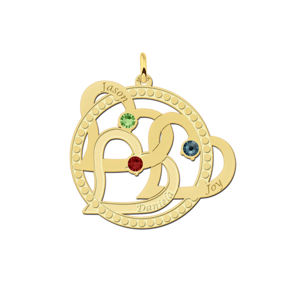 Gouden hart hanger met drie namen en geboortestenen Gouden hart hanger met drie namen en geboortestenen