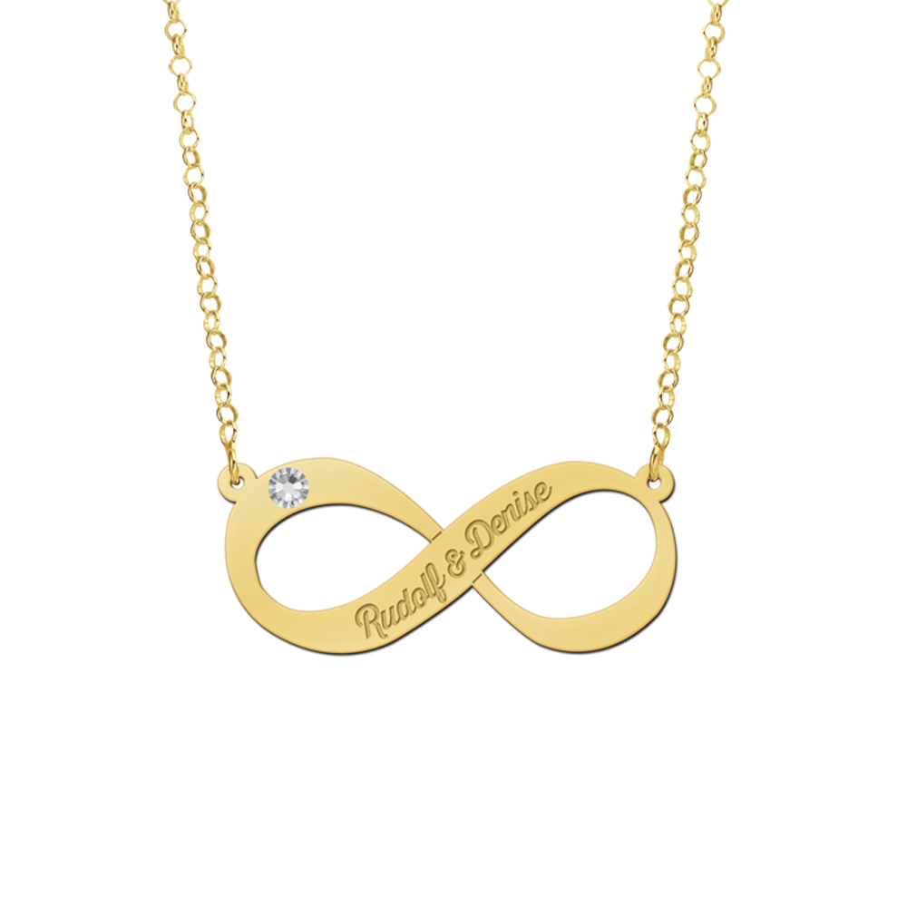 Gouden infinity ketting met zirkonia en twee namen gegraveerd2 Gouden infinity ketting met zirkonia en twee namen gegraveerd2