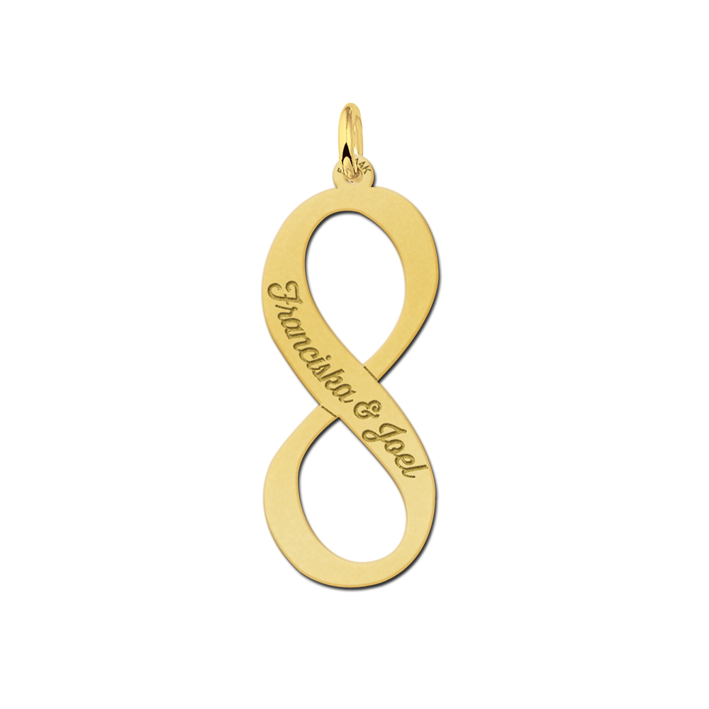 Gouden verticale infinity hanger met twee namen gegraveerd Gouden verticale infinity hanger met twee namen gegraveerd