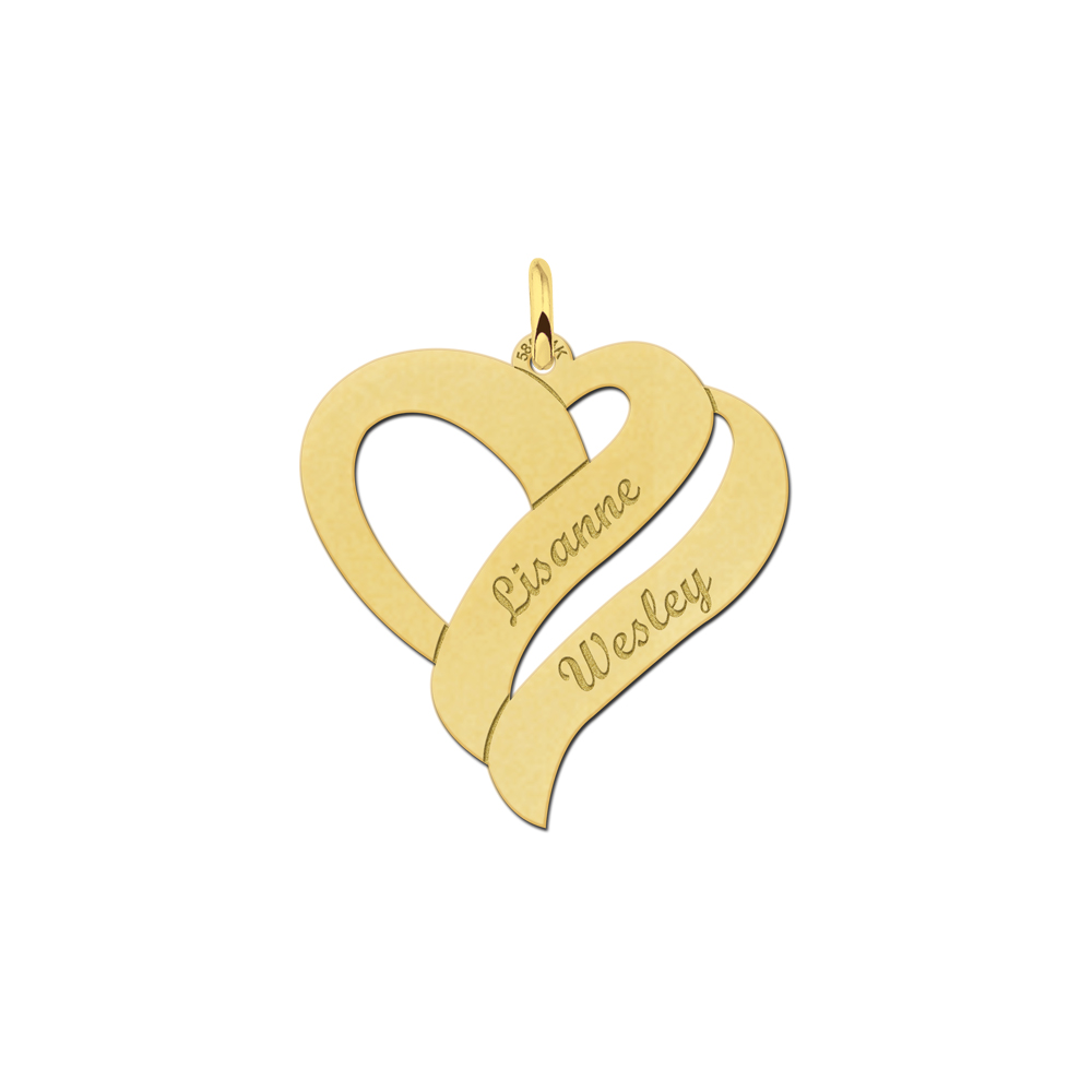 Gouden hanger in hartvorm met twee namen Gouden hanger in hartvorm met twee namen