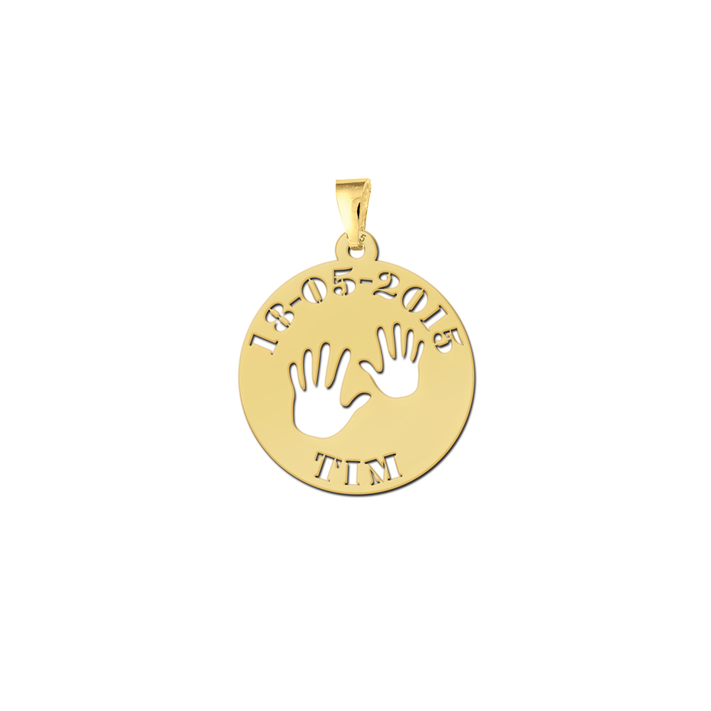 Vergulde babyhanger handjes met naam en datum