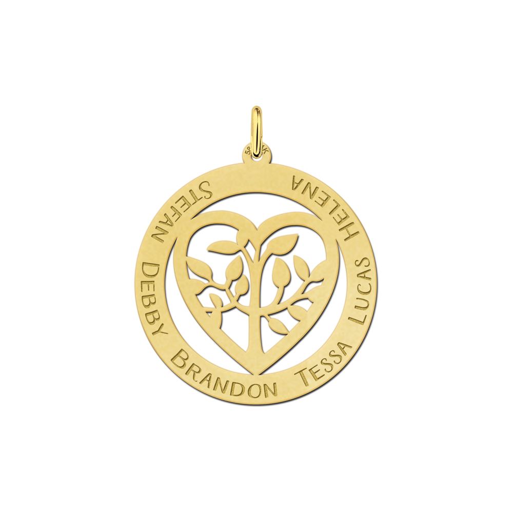 Gouden familie hanger met levensboom in hart