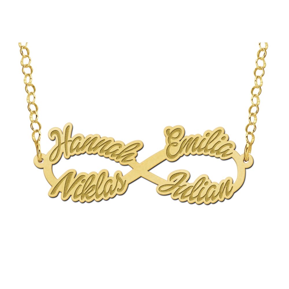 Gouden ketting infinity met vier namen Gouden ketting infinity met vier namen