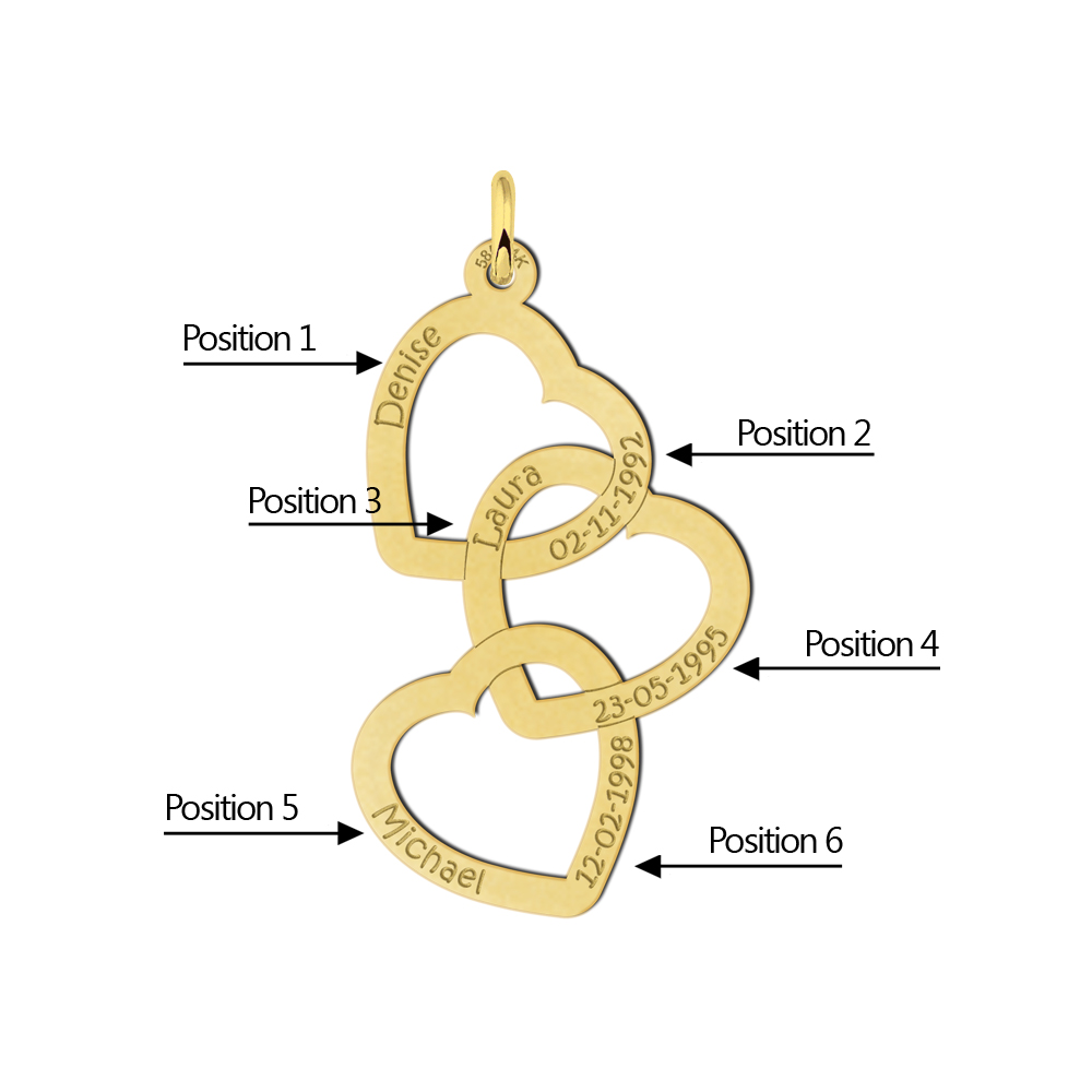 Drie gouden harten met namen Drie gouden harten met namen