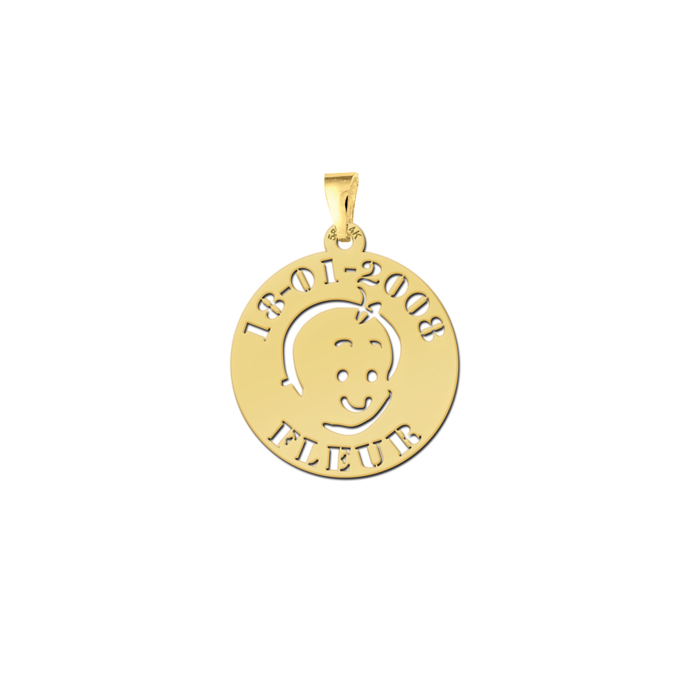Gouden hanger babyhoofdje met naam en datum Gouden hanger babyhoofdje met naam en datum