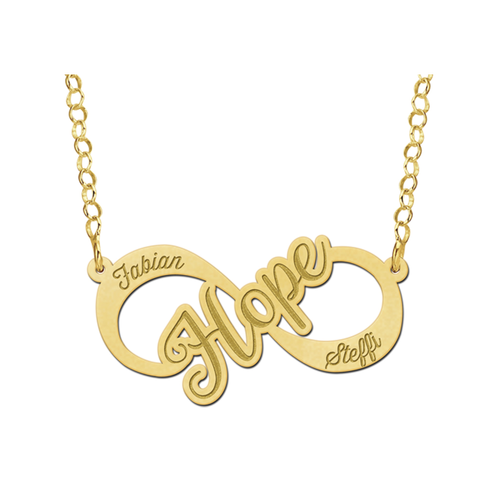 Gouden infinity ketting met Hope ontwerp en namen Gouden infinity ketting met Hope ontwerp en namen