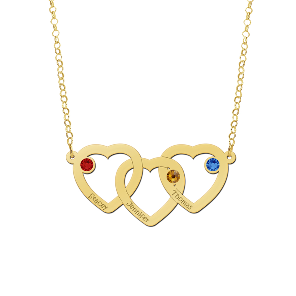 Gouden ketting drie harten met geboortestenen Gouden ketting drie harten met geboortestenen