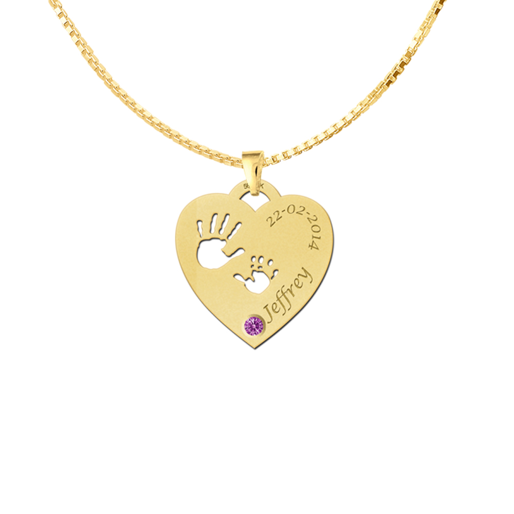 Babyhandjes in goud hart met geboortesteen2 Babyhandjes in goud hart met geboortesteen2