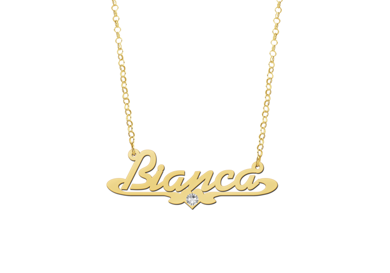 Gouden naamketting model Bianca met zirkonia2 Gouden naamketting model Bianca met zirkonia2